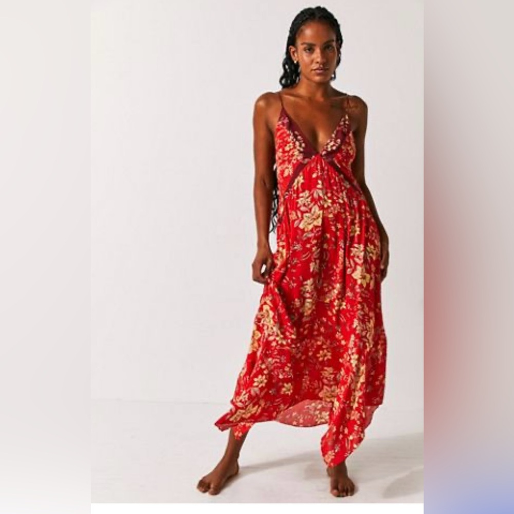 Free People Red Floral Handkerchief Hem Midi Dress - Size S